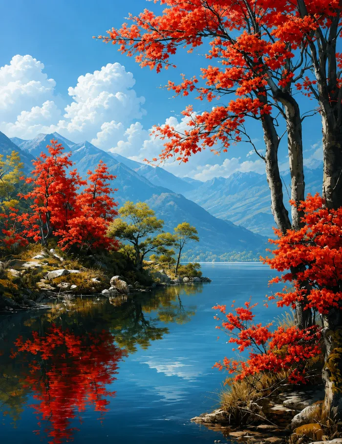 Bright red autumn trees flanking a mirror-like blue lake reflecting mountains under a sunny sky. | PrintPosters.in
